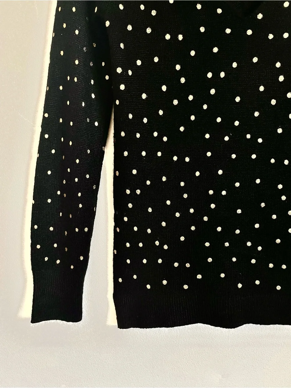 Loft Black Crew Neck Sweater With Gold Metallic Polka Dots Size XS EUC